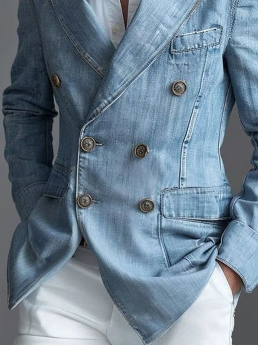 【24-hour shipping】Men's Double Breasted Pocket Casual Denim Blazer