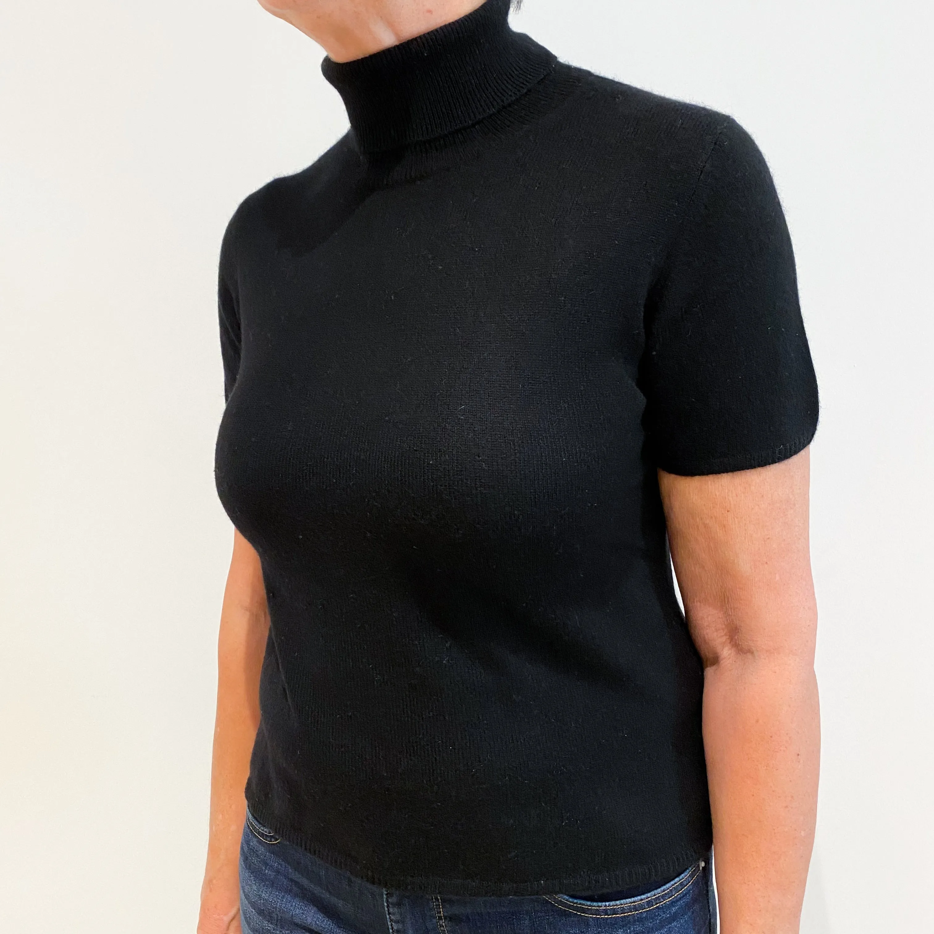 Black Cashmere Short Sleeve Polo Neck Jumper Medium