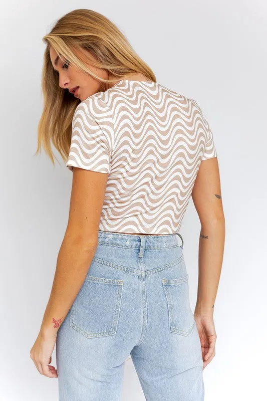 Bohemian Short Sleeve Front Criss Cross Abstract Print Knit Top