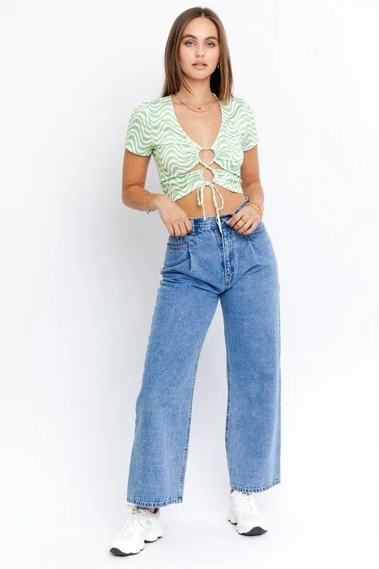 Bohemian Short Sleeve Front Criss Cross Abstract Print Knit Top