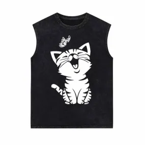Cute Cat Kitten Playing with Butterfly Vintage Washed Vest Top