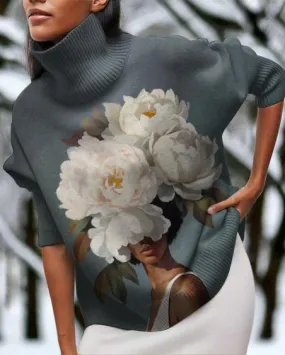 Flower Art Girl High Neck Long Sleeve Top