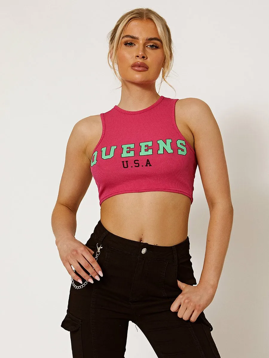 Lena Queens Ribbed Vest Crop Top In Fuchsia