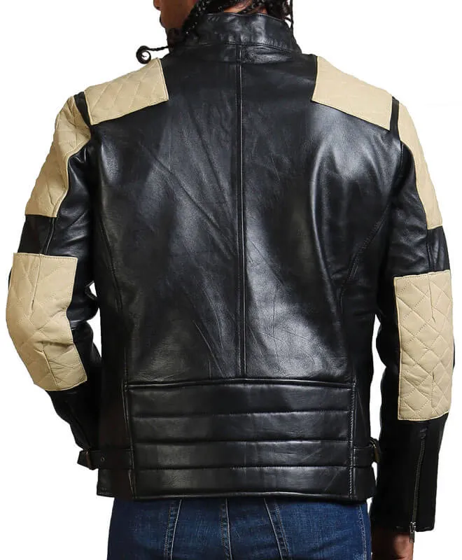 Men's White Quilted Black Leather Jacket