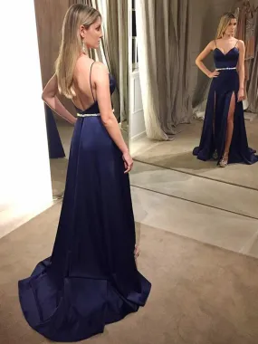 Navy Blue A Line Spaghetti Straps Backless High Slit Sweep Train Satin Long Prom with Beading Belt, Navy Blue Formal, Evening