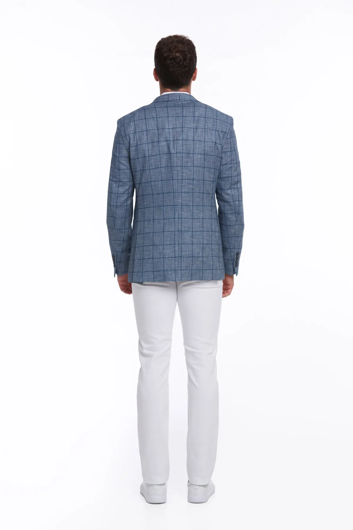 Slim Fit Notch Lapel Plaid Linen Blue Classic Blazer