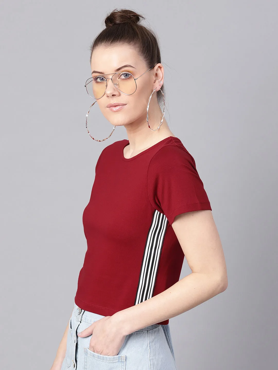 Women Maroon Athleisure Tape Crop Top